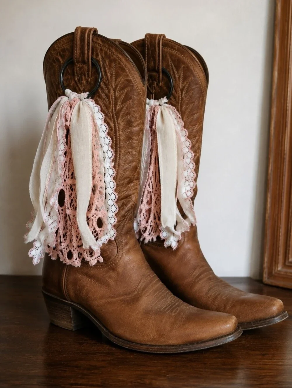 Boho Western Coastal Cowgirl Cowboy Calf Boots Rings Pink Lace Tassel Charms